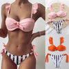 Women 2Pcs Summer Beach Bathing Suit Bowknot Ruffle Sleeve Crop Tops Striped Print Swimsuit Bikini Sets 2 Piece Ruffled V Neck Bathing Suits Summer Swimwear by Stevvex