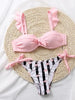 Women 2Pcs Summer Beach Bathing Suit Bowknot Ruffle Sleeve Crop Tops Striped Print Swimsuit Bikini Sets 2 Piece Ruffled V Neck Bathing Suits Summer Swimwear by Stevvex