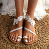 Women Flat Shoes Summer Bohemian Sandal Lace Straps Floral Style Sandal White Beach Shoes Clip Toe Casual Lace Floral Beach Flip Flop Comfy Shoes Summer Elegant Toe Ring Sandals by Stevvex