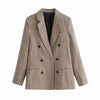 Women's Fashionable Office Wear Double Breasted Plaid Blazer Coat Vintage Long Sleeve Pockets Female Outerwear Chic Tops by Stevvex