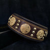 The "Maximus" collar 2.5 inch wide brown & gold by Bestia Dog Gear